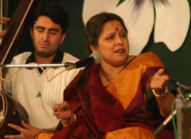 Piu Sarkhel during her performance at the 131st Harballbah Sangeet Sammelan at the Devi Talab Mandir complex, Jalandhar, on Saturday