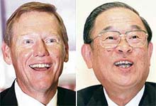 This combo shows file pictures of Ford Motor Co's President and CEO Alan Mulally (left), and Fujio Cho, President of Toyota Motor. The chiefs of Toyota and Ford held talks last week, fuelling speculation of a tie-up that could change the face of the global auto industry.