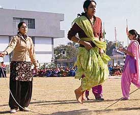 Students participate in a skipping event during the heritage sports meet being organised at the Shivalik Institute of Education and Research, Phase VI, Mohali, on Wednesday. 