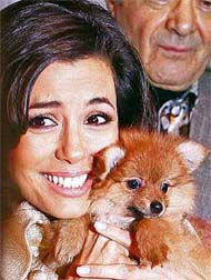 US actress Eva Longoria holds a Pomeranian puppy dog during a photo call to promote the opening day of the post-Christmas winter sale at Harrods department store in central London on Thursday.-AFP