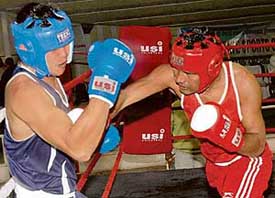 City pugilist Sukvir Singh delivers a punch to Dhiresh of MP during the AK Mishra Boxing Championship at the Sector 10 skating rink in Chandigarh