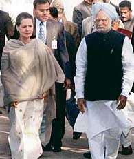 Congress president Sonia Gandhi with Prime Minister Dr Manmohan Singh on the occasion of the 121st Foundation Day of Indian National Congress at the AICC headquarter in New Delhi on Thursday. 