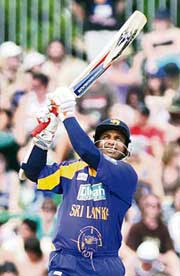 Sri Lankas Sanath Jayasuriya hits a six during the first one- dayer against New Zealand at McLean Park in Napier on Thursday. 