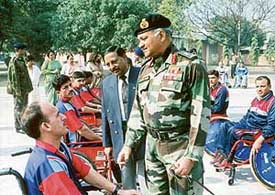 The General Officer Commanding-in-Chief, Western Command, Lt-Gen Daljeet Singh, interacts with inmates of the Paraplegic Rehabilitation Centre during his visit to the centre in Mohali on Friday.