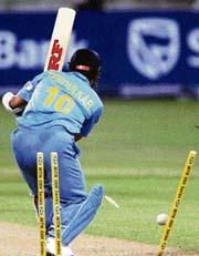 Sachin Tendulkar is bowled by South Africas Andre Nel. 
