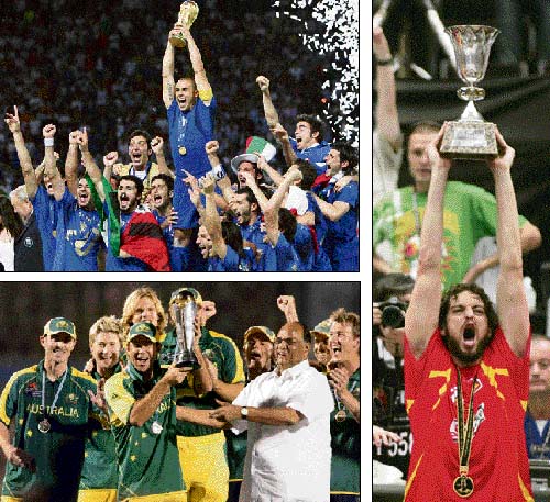 Fabio Cannavaro led Italy to victory in the football World Cup. The Azzuri beat France on penalties in the high-voltage final; Pau Gasol powered Spain to their maiden title triumph in the World Basketball Championship; Australia finally laid their hands on the ICC Champions Trophy, crushing the West Indies in the final. The Aussies, however, raised many hackles by nudging BCCI chief Sharad Pawar off the stage during the presentation ceremony.