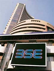 A huge screen and a ticker is displayed at the Bombay Stock Exchange (BSE) in Mumbai