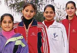 Gymnasts Meenakshi, Anita, Kiranjeet and Jashandeep, participants of the National Gymnastic Championship, at Shivalik School, Mohali.