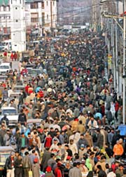 A scene at a market in Srinagar on Sunday.
