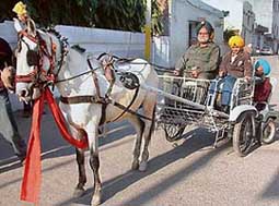 Major Mohinder Singh Sarkaria and his grandson Adeeshwar Singh ride a buggy in Amritsar on Sunday.