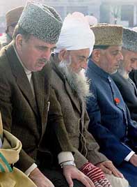 Chief Minister Ghulam Nabi Azad offers namaz on the occasion of Id at Eid Gaah in Jammu on Monday.