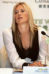 World No. 2 tennis player Maria Sharapova of Russia during a press conference in Hong Kong on Tuesday. Sharapova will be competing with seven other tennis stars in the four-day Watsons Water Champions Challenge beginning Wednesday.  AFP photo