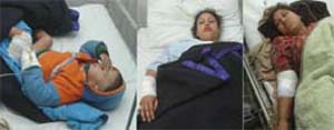 Injured one-and-half-year-old Jaskaran, Sunita and Kamajit Kaur who were admitted to a hospital in Jalandhar on Wednesday.