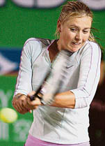 Maria Sharapova of Russia hits a return against Yan Zi of China in the quarterfinals of the Watsons Water Tennis Championships in Hong Kong on Thursday. Sharapova won 7-5, 6-3.  AFP photo