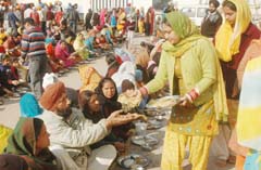 Devotees partake langar at the Model Town Gurdwara in Jalandhar on Friday.