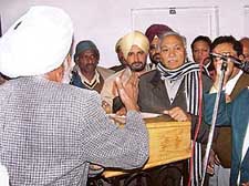 A view of unruly scenes at the Congress' first meeting after the annoncement of elections in Bathinda on Saturday.