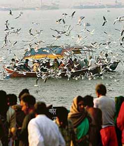 Devotees take a ride in a boat during the Ardh Kumbh Festival in Allahabad on Monday. 