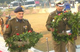 CRPF officers lay wreaths at the Martyrs Memorial, CRPF complex, Jalandhar, on Wednesday.