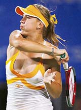 Nicole Vaidisova of Czech Republic hits a shot to Ana Ivanovic of Serbia at the Sydney International tournament
