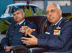 The Chief of the Air Staff, Air Chief Marshal S.P. Tyagi, (right) along with the AOC-in-C, Western Air Command, Air Marshal A. K. Singh, in Chandigarh on Friday.