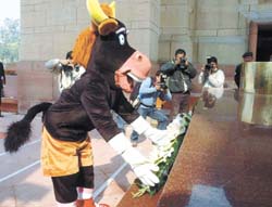 The mascot of the 4th Military Games 2007 pays floral tributes at Amar Jawan Jyoti in the Capital 