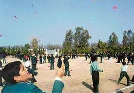 Students of Green Land School enjoy flying kites at a Lohri function in the school on Saturday