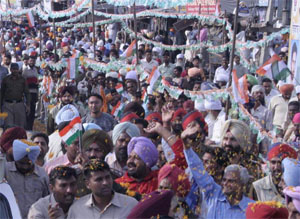 Election time is back again: Participants in a joyful mood at a party rally in Amritsar.