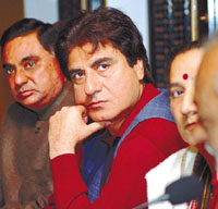 Jan Morcha chairman, Raj Babbar and Delhi NCP president Ramvir Singh Bidhuri, at a press conference in the Capital on Tuesday. 