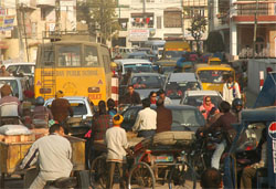 A long queue of vehicles between Mota Singh Nagar and Defence Colony in Jalandhar on Friday.