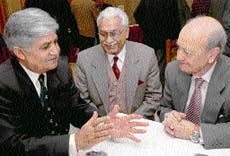 Lt-Gen Talat Masood (extreme right) from Pakistan with Lt-Gen Vijay Oberoi and Gen V.P. Malik (left) in Chandigarh on Saturday.