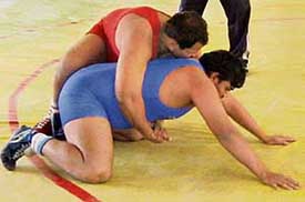 Final bout between Ashwani and Satinder in the +96 kg freestyle category in progress during the Chandigarh Wrestling Championship at Labour Hall, Sector 30, Chandigarh