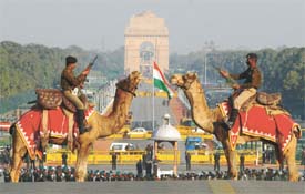 BSF jawans during the Beating Retreat rehearsal at Vijay Chowk in the Capital on Monday
