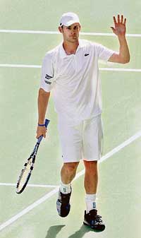 Andy Roddick of the USA celebrates his victory over compatriot Mardy Fish at the Australian Open on Tuesday. Roddick won 6-2, 6-2, 6-2.