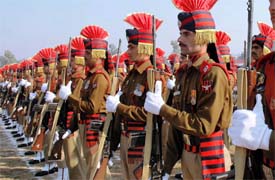 Jammu and Kashmir Police jawans at the Republic Day full-dress rehearsal at M.A.M. Stadium in Jammu on Wednesday. 