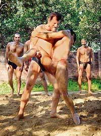 The BJP nominee from Pathankot, Mr Mohan Lal, wrestling in his akhara. 