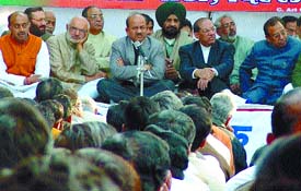BJP leaders Vijay Goel, Sahib Singh Verma, BJP Delhi president Dr Harsh Vardhan, Prof Vijay Kumar Malhotra and Jagdish Mukhi at BJP workers conference on the forthcoming Corporation election, in the Capital on Thursday. 
