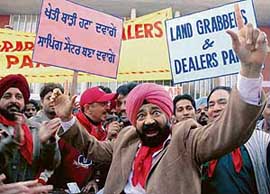 Jaspal Bhatti and members of the Nonsense Club at the launch of the Land Grabbers and Dealers Party at the Sector 17 Plaza in Chandigarh.