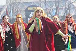 Girls perform during the Republic Day programme at Bakshi Stadium in Srinagar