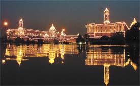 The illuminated Raisina Hill during the Beating Retreat ceremony at Vijay Chowk in the Capital on Monday. 