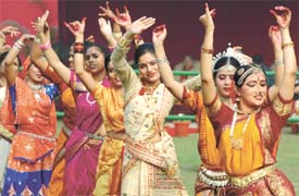 Folk dancers performing at Teen Murti Bhavan in the Capital on Monday. Folk dancers and artistes from all over India, who participated in the Republic Day Parade on 26 January, performed and met the Prime Minister.