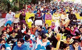 Students of the Mai Bhago College for Women, Ramgarh, attend a programme in connection with Gas Conservation Fortnight on the college campus