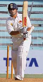 Mumbais Sachin Tendulkar plays a shot on the first day of the Ranji Trophy final against Bengal at the Wankhede Stadium in Mumbai on Friday.