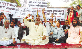 Activists under the banner of the World Hindu Federation India demonstrating against the Uttar Pradesh Government, demanding the immediate release of Yogi Adityanath, Gorakhpur MP, at Jantar Mantar in the Capital on Sunday.
