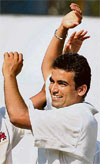 Mumbais Zaheer Khan celebrates on completing a four- wicket haul on the fourth day of the Ranji final on Monday