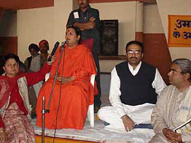 Bharatiya Janshakti Party chief Uma Bharti addresses a rally in Pathankot on Tuesday.