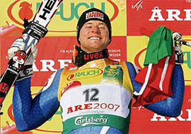 Patrick Staudacher of Italy celebrates on the podium after winning the gold medal in the mens super-G event at the Alpine Skiing World Championships in Are, Sweden