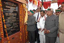 Himachal Pradesh Chief Minister Virbhadra Singh, in the presence of Union Minister for Shipping, Road Transport and Highways T.R. Balu, lays the foundation stone of a bridge on the Chakki khud on the Punjab border on National Highway 20 on Wednesday.