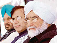 The CPM candidate, Mr Inderjit Singh Bhagrana, and Mr Mohammed Salim, MP and member, central committee, and Mr Balwant Singh, state president, CPM, at an election rally in Rajpura 