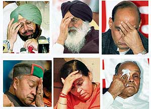 Chief Minister of Punjab Amarinder Singh, SAD president Parkash Singh Badal, BJP president Rajnath Singh, Chief Minister of Himachal Pradesh Virbhadra Singh, president of Bharatiya Janshakti Party Uma Bharati and former Chief Minister of Himachal Pradesh Prem Kumar Dhumal in different gestures during the campaign in Punjab.
