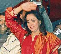 Bollywood actress and MP Hema Malini at a BJP rally in Janakpuri, Ludhiana, on Friday. 